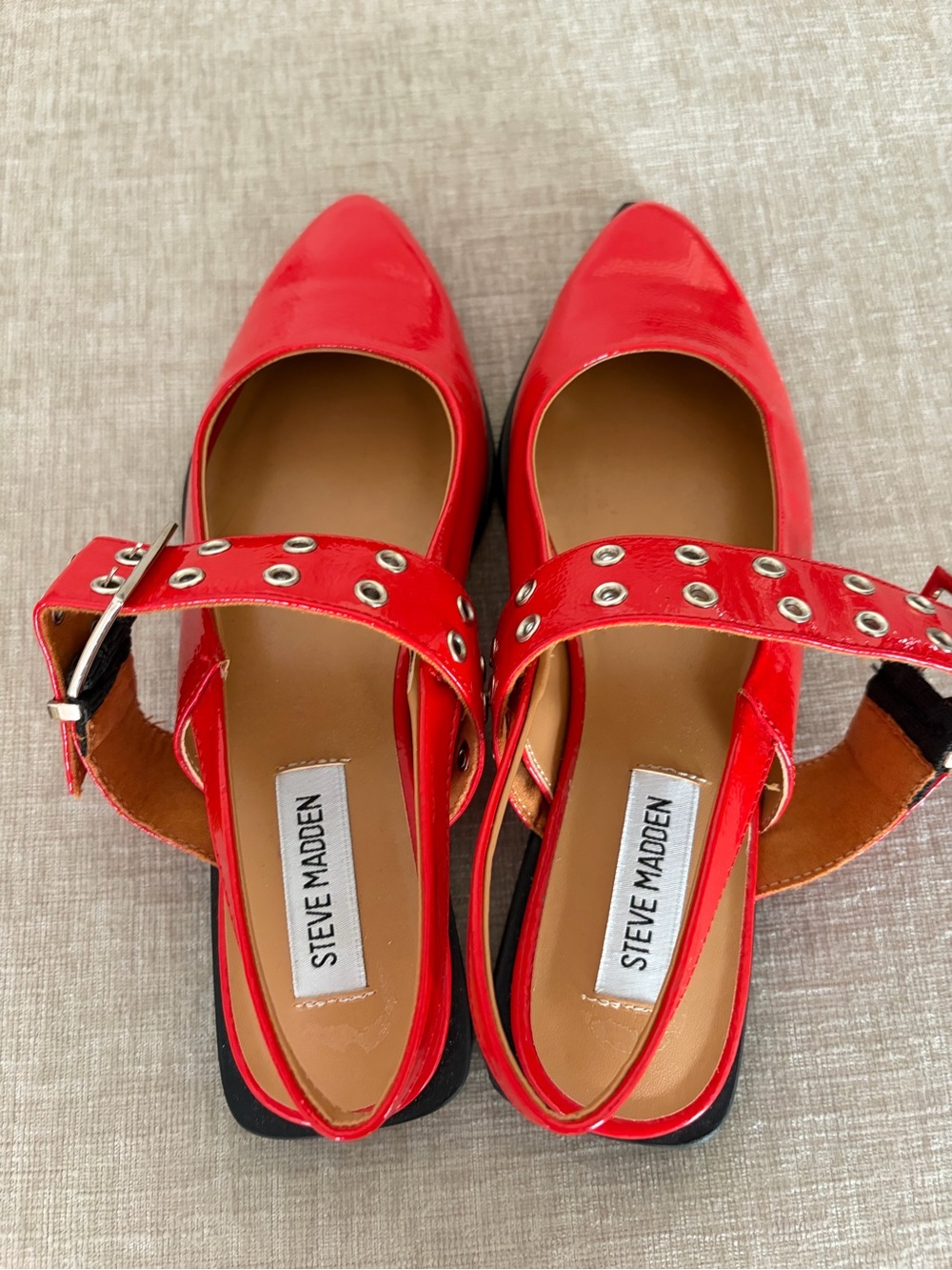 Steve Madden Red Patent Pointed-Toe Loafers with Grommet Strap